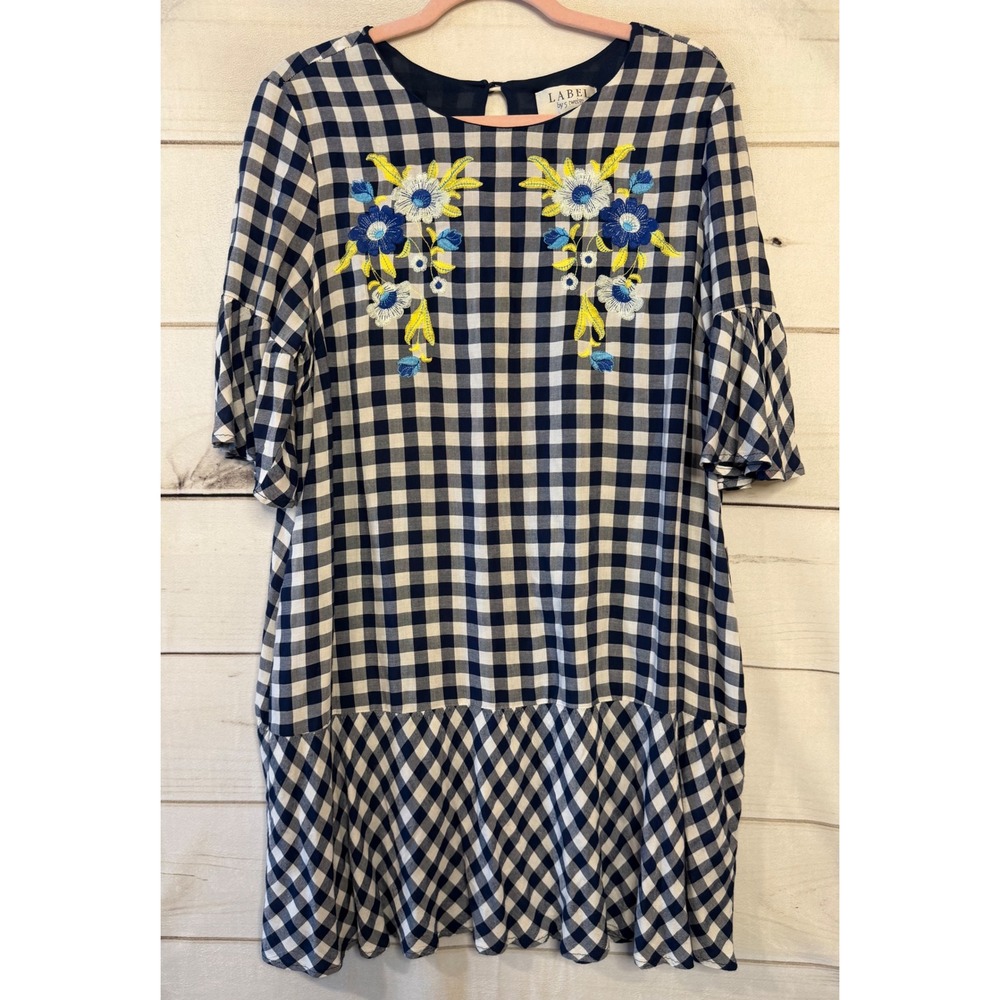 LABEL by twelve Gingham Embroidered‎ Ruffle Dress Navy White Women's Size 10